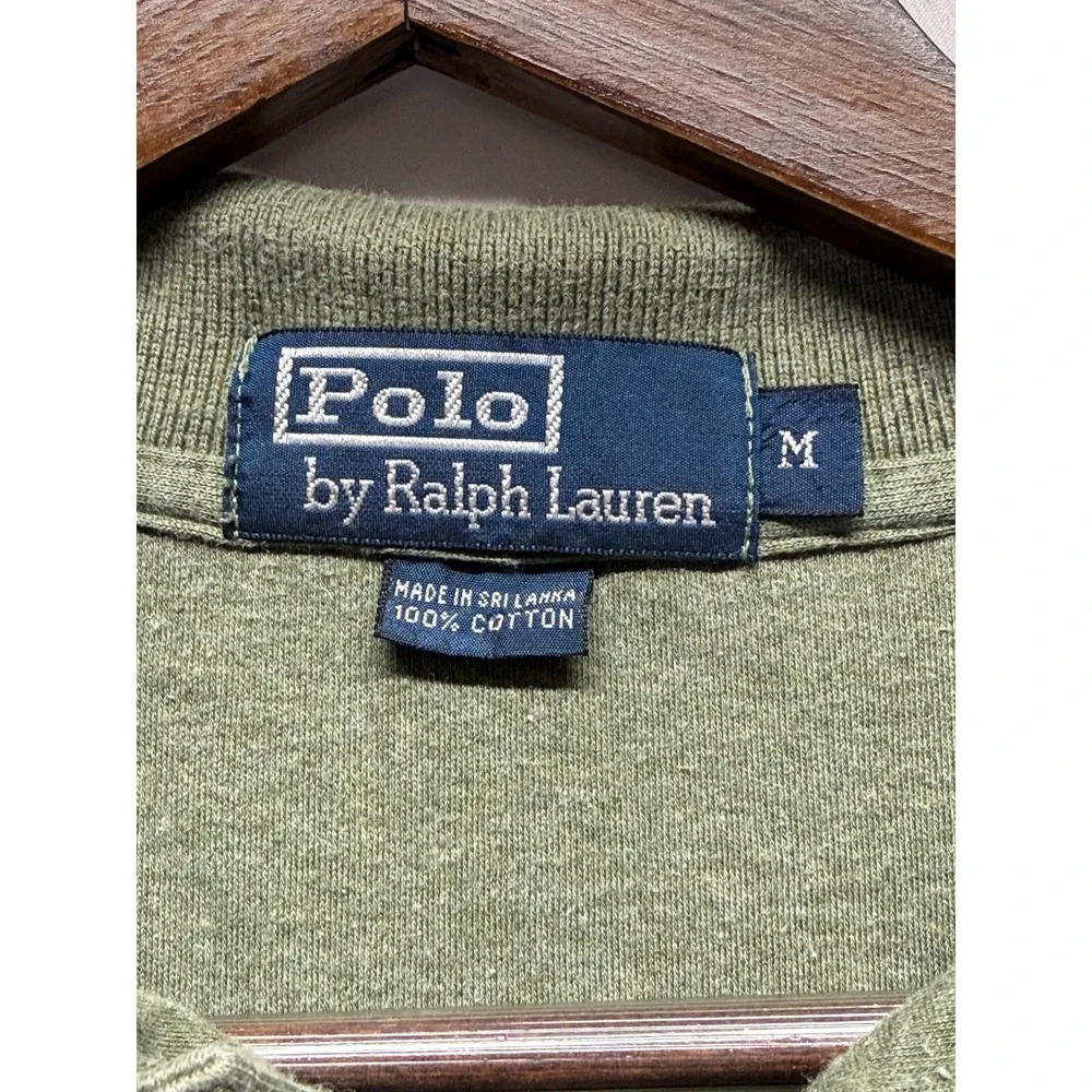 Polo Ralph Lauren Polo Shirt Men Medium Olive Green Cotton Hi‎ Low Hem Side Slit